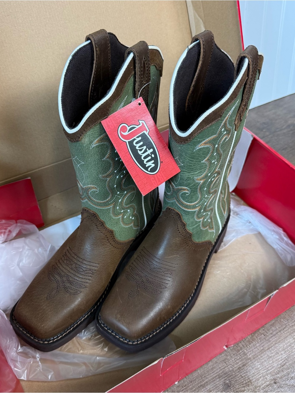 Justin Gypsy Raya Western Boots GY2904 Brown & Green Leather Size 9 NIB